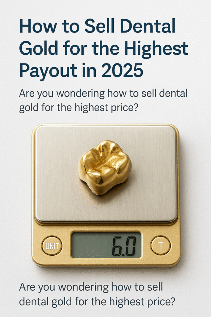 Dental gold crown on a digital scale showing weight, illustrating how to sell dental gold for the highest payout in 2025