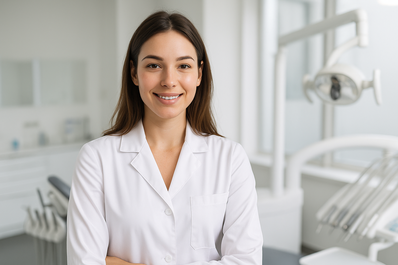 Female dentist in white coat representing trusted expert for sell dental gold services.