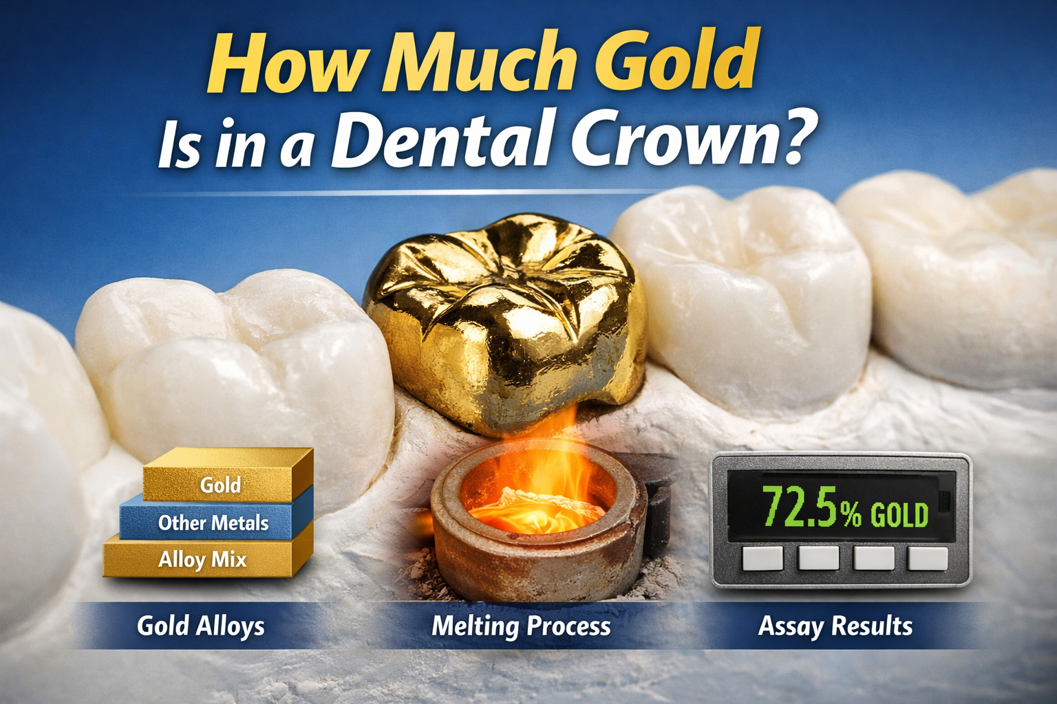 Dental crowns of different alloy types showing how gold content and precious metal composition varies by crown classification